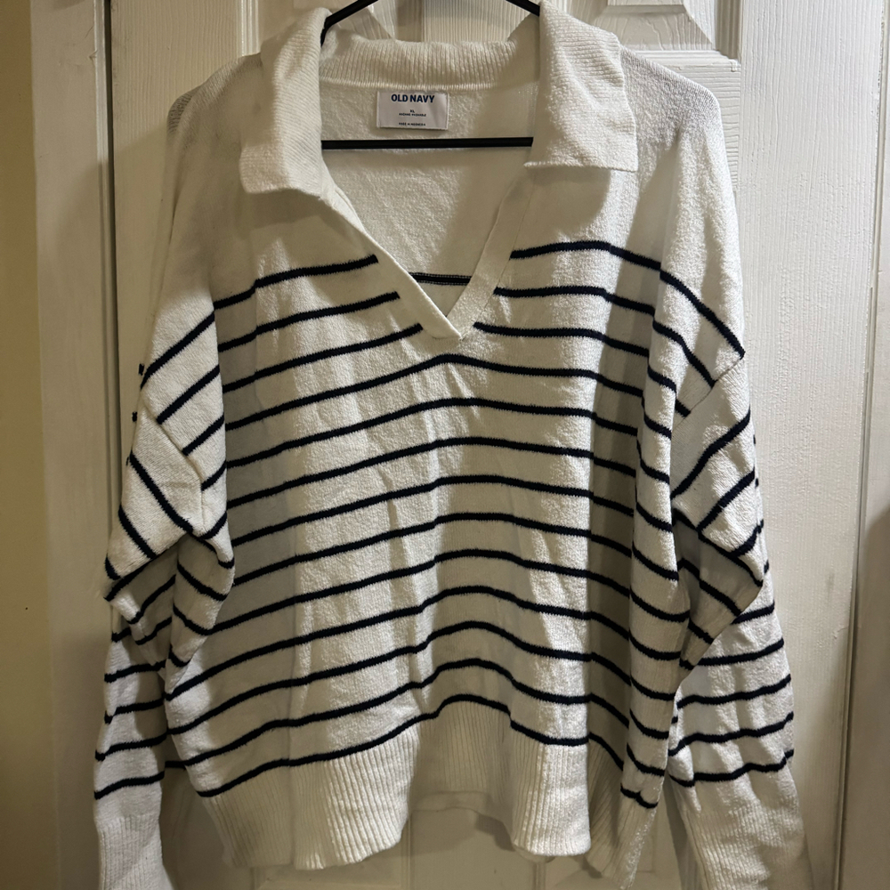 Old Navy Women’s XL White Navy Striped Collared Knit Sweater Pullover